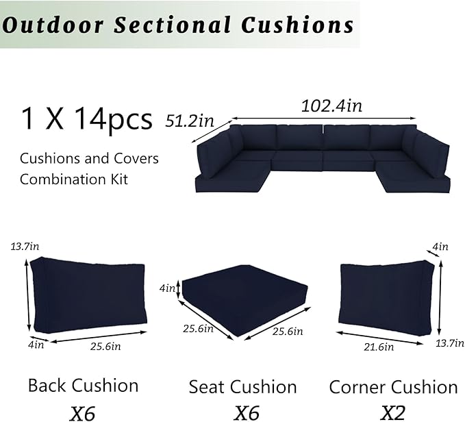 Outdoor Sectional Cushions Replacement Set, 26x26in Patio Furniture Cushions, 14 Pieces Waterproof Outdoor Couch Cushion for 6 Seat Wicker Conversation (Navy Blue)
