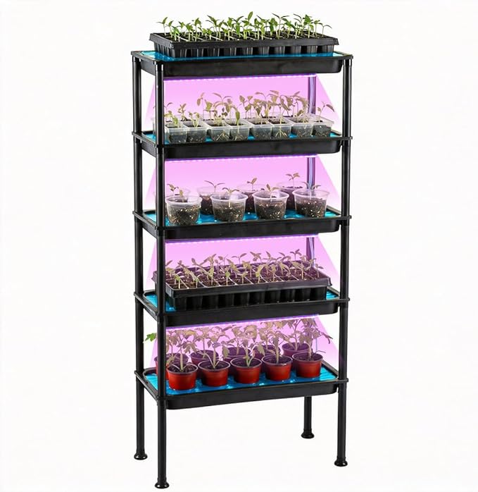 5-Tier Vertical Seed Starter Tray with Grow Light, Ebb and Flow Tidal Special Plant Stand Saucer, Manual Circulation Watering Rack Indoor/Greenhouse, Designed for Seedling Trays, Pots