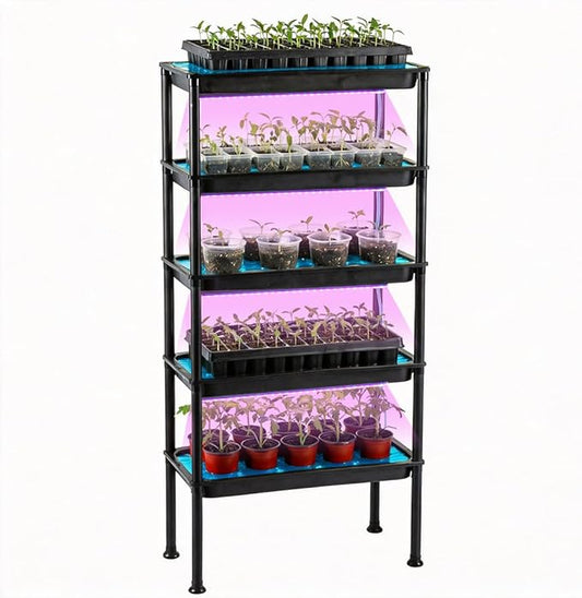 5-Tier Vertical Seed Starter Tray with Grow Light, Ebb and Flow Tidal Special Plant Stand Saucer, Manual Circulation Watering Rack Indoor/Greenhouse, Designed for Seedling Trays, Pots