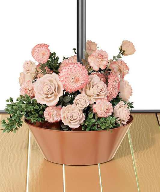 Koutemie 2-in-1 Umbrella Planter for Patio Table & Pole, Half Round Flower Planters Pots with Umbrella Hole Fits Poles Up to 2” Diameter, PVC Post Planter Wrap Around Umbrella for Garden, Brown