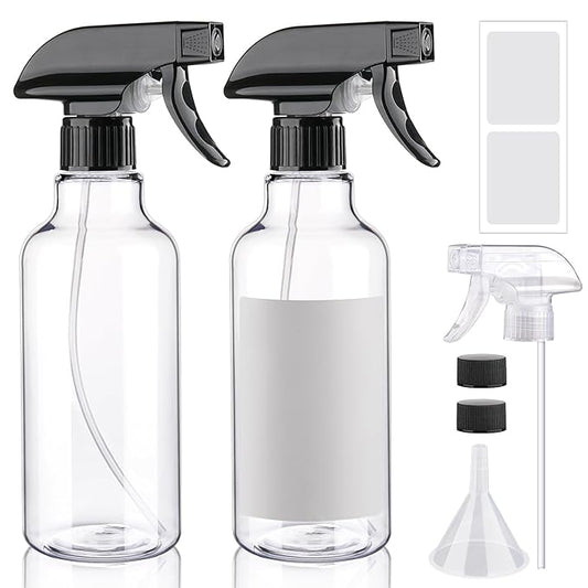 Plastic Spray Bottle 16.9oz Empty Spray Bottles Refillable Container Trigger Sprayer for Cleaning Solutions, Water, Plants, Pet, Essential Oils, Hair, 2 Pack (BlackClear)