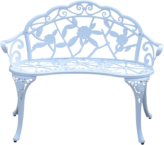 Cast Aluminium Outdoor Bench, Rose Garden Bench for Patio,Park,Lawn,Yard (White)