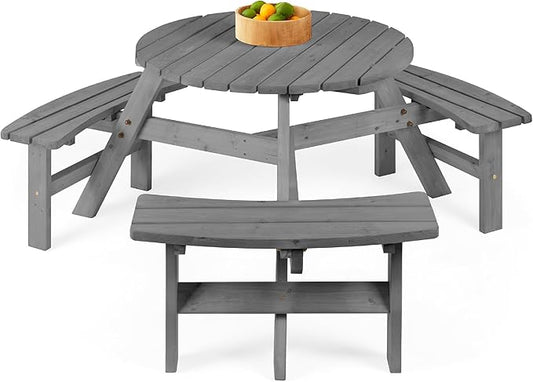 Best Choice Products 6-Person Circular Outdoor Wooden Picnic Table for Patio, Backyard, Garden, DIY w/ 3 Built-in Benches, 500lb Capacity - Gray