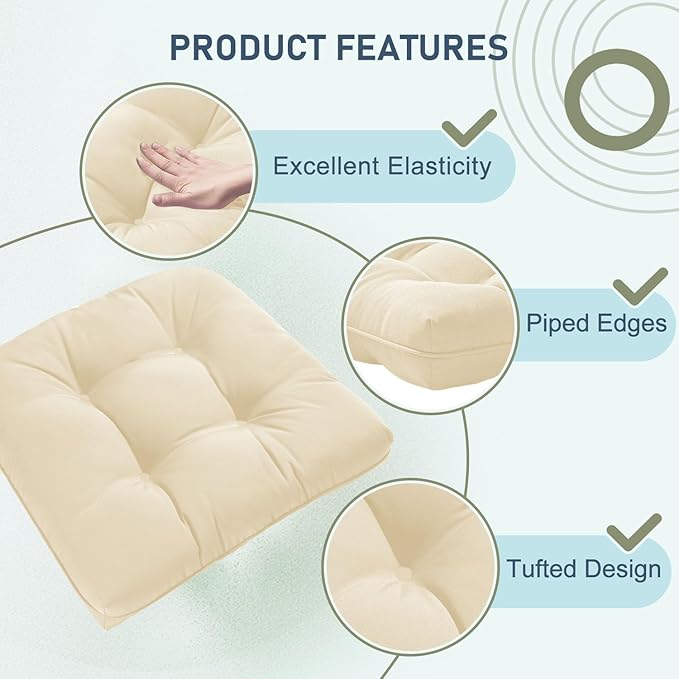 downluxe Outdoor Chair Cushions Set of 2 for Patio Furniture, Waterproof Tufted Overstuffed Patio Furniture Cushions, Thick Outdoor Seat Cushion, 19" X 19" X 5", Beige