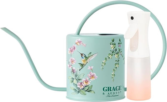 Watering Can for Indoor House Plants & Spray Water Mist Bottle - Cute Decorative Metal Gardening Small Water Can for Houseplants & Flowers with Long Spout - 1.5L 51floz 0.4 Gallon (Hummingbird Sage)