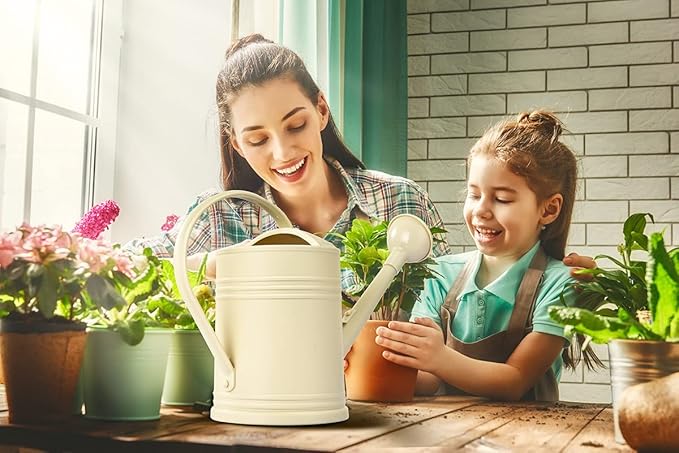 Plastic Watering Can for Indoor Plants Outdoor Garden Flowers - House Plant Watering Can with Sprinkler Head (1/2 Gallon, Ivory)