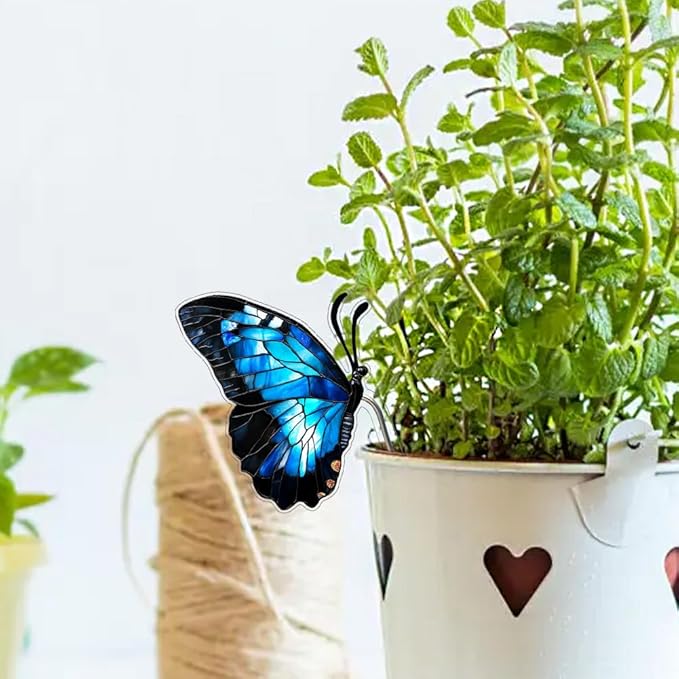 JOONOR 2 Pieces Stained Acrylic Butterfly Flower Pot Hugger Cute Animal Statue for Planter Hanger Decorations Outdoor Fairy Garden Planter Edge Accessories,Butterfly
