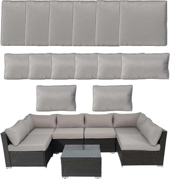 14Piece Outdoor Sofa Cushion Replacement Patio Furniture Waterproof Cushion with Zippers fit 6-Seat Outdoor Wicker Rattan Sectional Couch (Light Gray, 25.6"x25.6"x3.9")