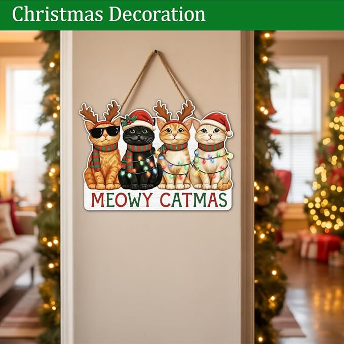 Christmas Cat Gifts Door Hanger for Cat Lover, Meowy Catmas Door Decoration Sign