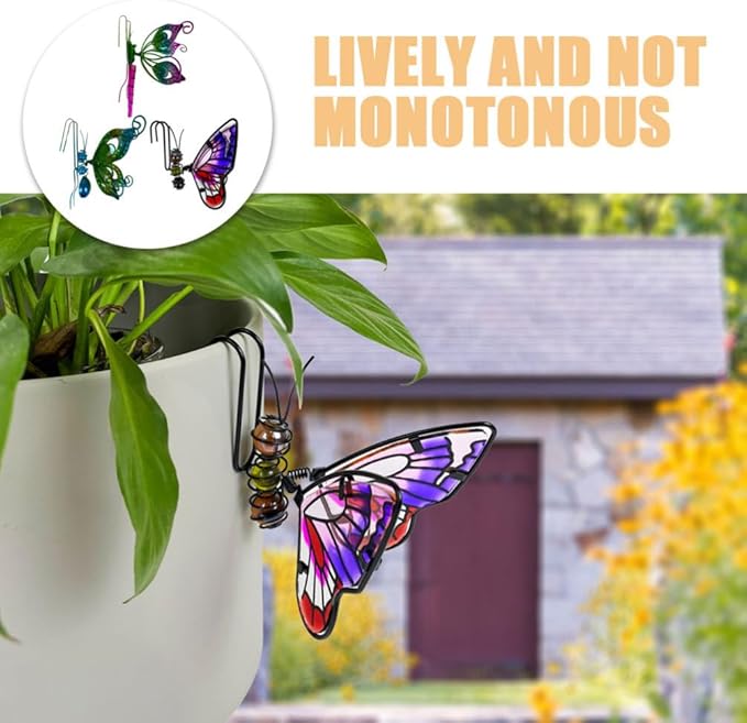 BESPORTBLE 3Pcs Butterfly Decorations for Flower Pots - Iron and Glass Hanging Butterfly Ornaments, Plant Pot Hanger Figurines, Garden Pendant Decor