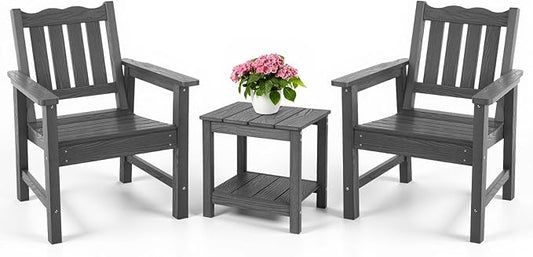 Stoog 3 Piece Patio Dining Sets, All-Weather Outdoor Chairs Set of 2 with Table, Include 2 Patio Chairs and 1 Side Table, Grey