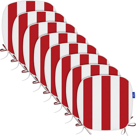 SleepMan Outdoor 17"x16" Chair Cushions with Ties Set of 8, Water Resistant All Weather U-Shape Seat Pads for Patio Garden Furniture Indoor Fade Resistant Patio Cushions (Red Stripe)