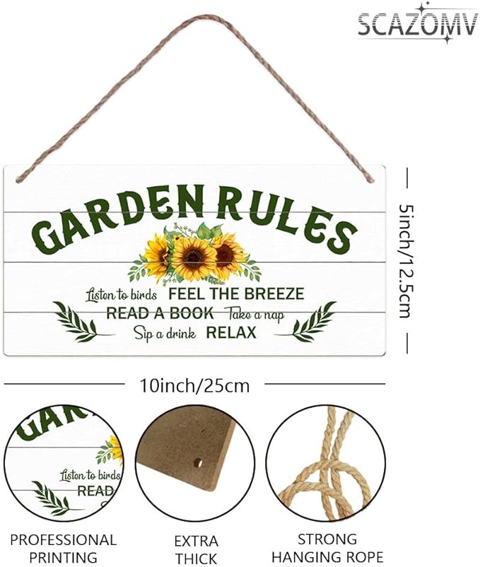 SCAZOMV Garden Sign Decor, Garden Rules Listen To Birds Feel The Breeze Read A Book Take A Nap Sip A Drink Relax, Outdoor Decorative For Garden Farmhouse, Wooden Hanging Plaque 5"X 10"