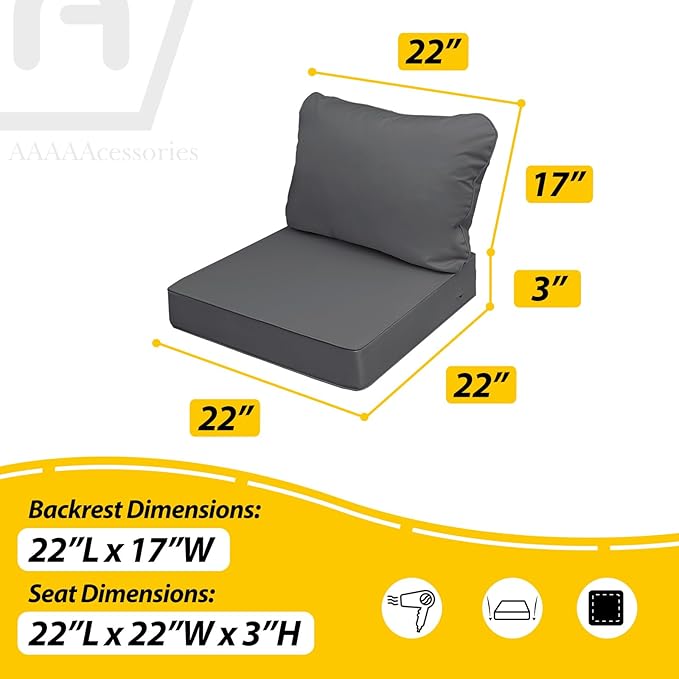 AAAAAcessories Outdoor Seat Cushions for Chairs, Fade-Resistant, Waterproof Patio Furniture Replacement Cushions, 22" x 22" x 3" + 22" x 17", Set of 2, Dark Gray