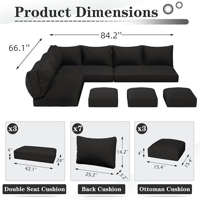 U-MAX Outdoor Cushions for Patio Furniture, Memory Foam Patio Replacement for Outdoor Furniture, Fits 7-Seats Sectional Rattan Conversation Set, Black