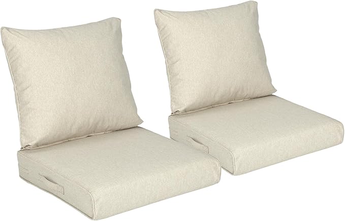 Aoodor 25" x 25" Patio Deep Seat Cushion Set, Water Resistant & Fade Resistant Outdoor Furniture Cushions with Adjustable Straps for Patio, Deck, Garden, Set of 2, Khaki