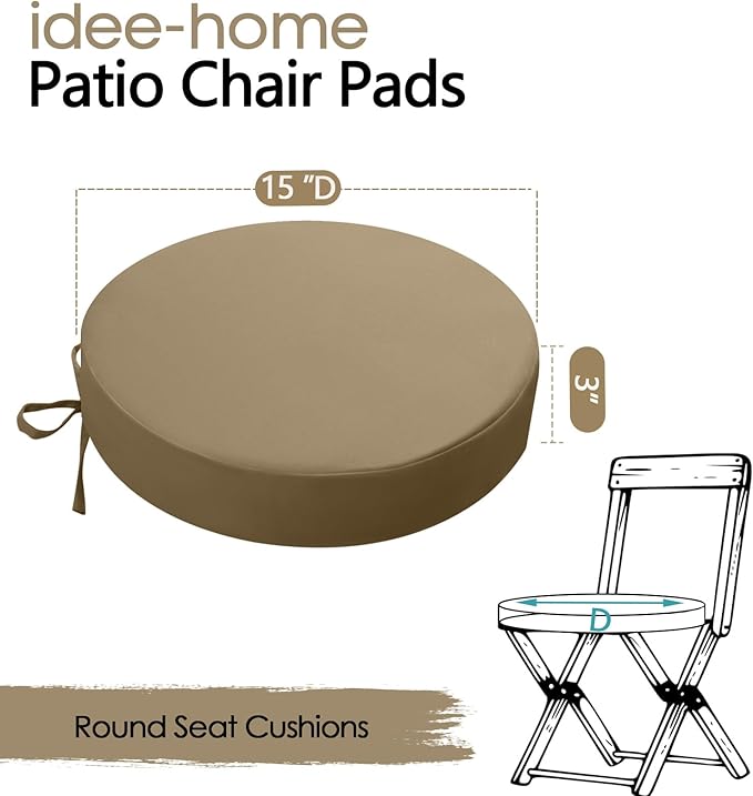 idee-home Outdoor Bistro Chair Cushions, 15”x15”x 3” Thick Outdoor Round Seat Cushions Set of 2 with Ties, Waterproof Round Patio Furniture for Garden