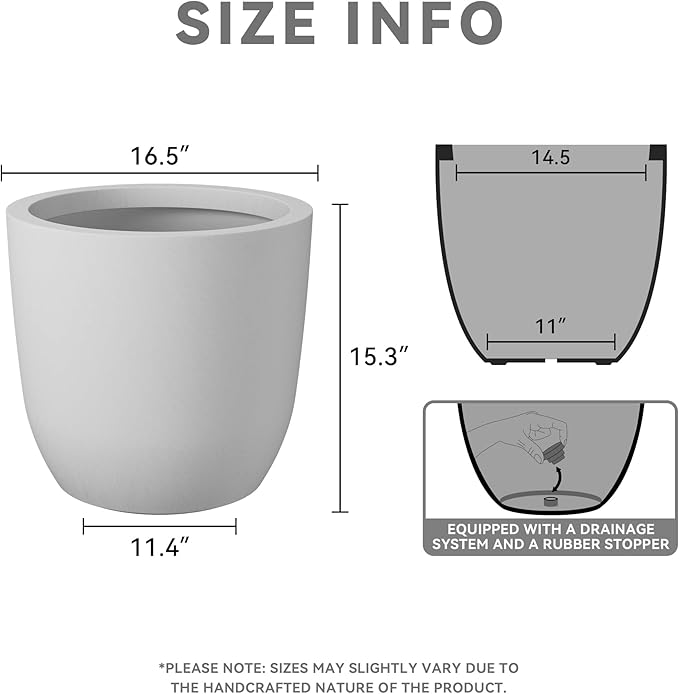 Kante 16.5" Dia Round Concrete Planter, Large Outdoor Modern Indoor Decorative Plant Pots with Drainage Hole and Rubber Plug for Home and Garden, Pure White