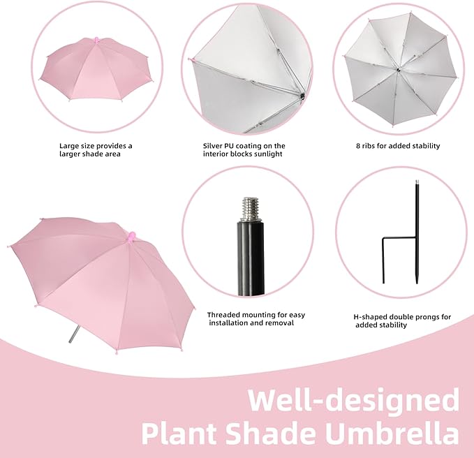 Plant Umbrellas for Outdoor Plants, Garden Umbrella Shade for Potted Plants, Sun Shade Cover for Garden Bed, Upgraded Small Plant Umbrella 21'' Diameter Adjustable Height 2 Pack Pink Yellow