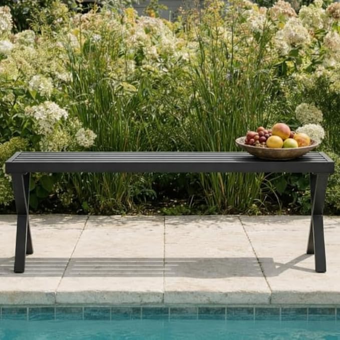 Outdoor Metal Backless Bench Weatherproof Patio Bench with Slatted Seat, X-Shaped Legs, All-Weather Garden Bench for Porch, Patio, Lawn and Backyard, Black