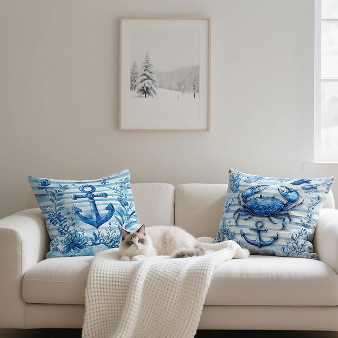 Ocean Pillow Covers 18x18 inch Set of 4, Blue Seahorse Coral Watercolor Nautical Cushion Case Outdoor Sofa Throw Pillows Cover Garden Pillow Covers for Couch Living Room Bed Indoors Home Decor
