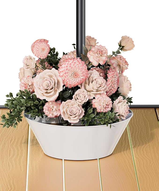 Koutemie 2-in-1 Umbrella Planter for Patio Table & Pole, Half Round Flower Planters Pots with Umbrella Hole Fits Poles Up to 2” Diameter, PVC Post Planter Wrap Around Umbrella for Garden, White