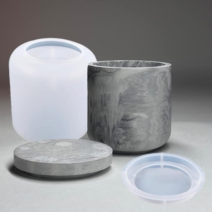 Storage Box with Lids Candle Jar Molds Set, Creative Silicone Candle Vessels Pot Molds, Concrete Round Stripe with Cover Bottle Making Moulds for Storage Candle Holder (D)