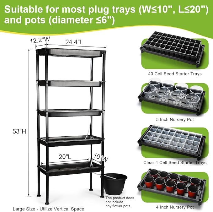 5-Tier Vertical Seed Starter Tray with Grow Light, Ebb and Flow Tidal Special Plant Stand Saucer, Automatic Circulation Watering Rack Indoor/Greenhouse, Designed for Seedling Trays, Pots