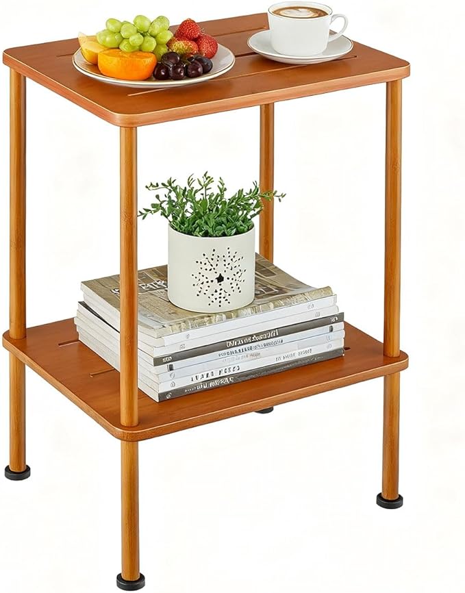 Bamboo Adirondack Square Outdoor Side Table, Bamboo 2-Tier Storage Patio Side Table, 16" Outdoor End Tables, Weather Resistant End Table for Backyard Pool Porch Patio Garden Lawn Beach - Brown