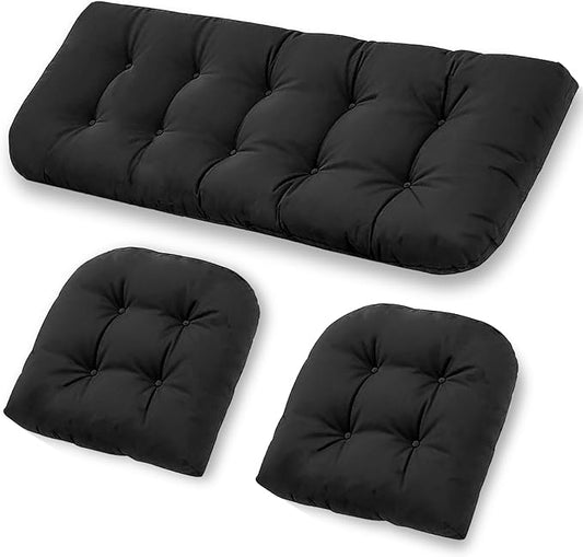 Patio Furniture Cushions Outdoor, Waterproof Wicker Chair Cushions Set of 3, 1 Loveseat & 2 Seat Pads, Thick Outdoor Replacement Cushions for Porch Lawn Bench Couch Sofa Swing, Black