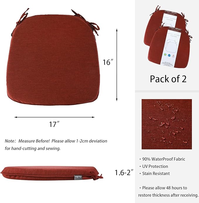 Outdoor Chair Cushions Set of 2,Patio Seat Cushion 17"x16"x2",U-Shaped Dining Chair Cushion 17 by 16 Inch,Water Resistant,Fade-Resistant Chair Pads for Kitchen Garden Furniture(Dark Red)