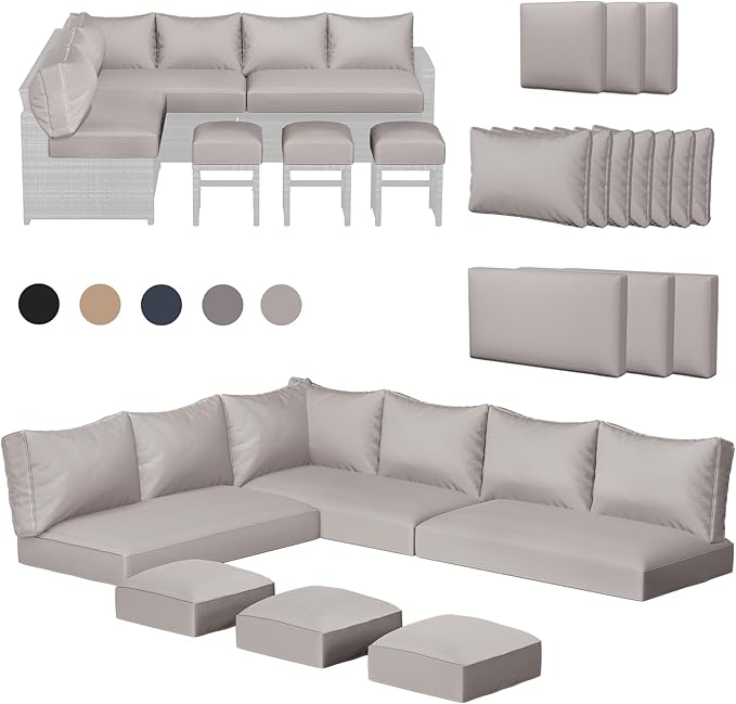 U-MAX Outdoor Cushions, 4 inch Memory Foam Patio Replacement for Outdoor Furniture, Fits 7-Seats Sectional Rattan Conversation Set, Splashproof Covers (Light Grey)