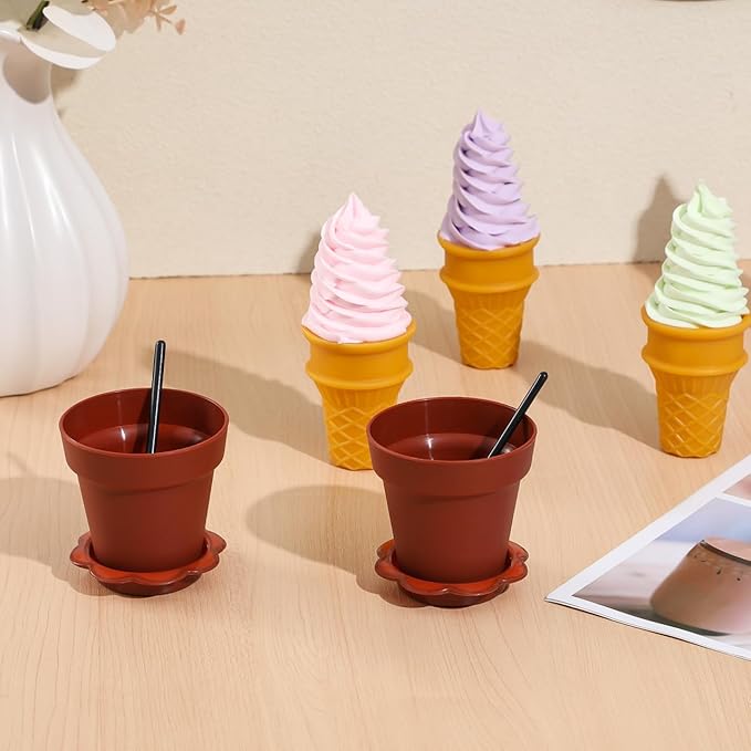 Garneck 20pcs Mini Flower Pot Dessert Cups with Lids Shovel Spoons and Bottom Tray Plastic Small Cake Cup for Construction Birthday Baby Shower Summer Ice Cream Yogurt Mousse Pudding