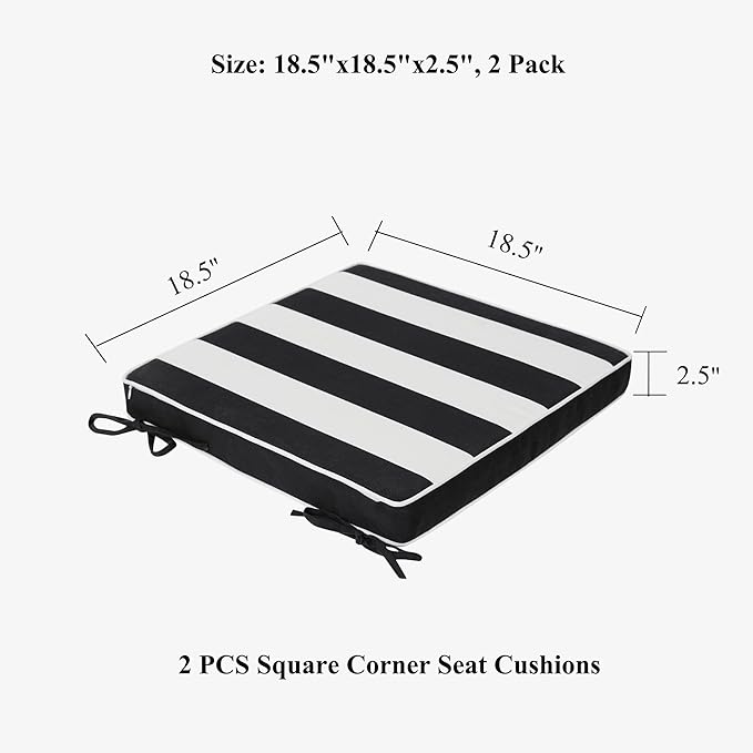 FUNHOME Indoor/Outdoor Chair Cushions Set of 2, 18 x 18 x 2.5 Inch Square Corner Outdoor Cushions for Patio Furniture,2 Packs Patio Chair Cushions with Ties-Black White Stripe