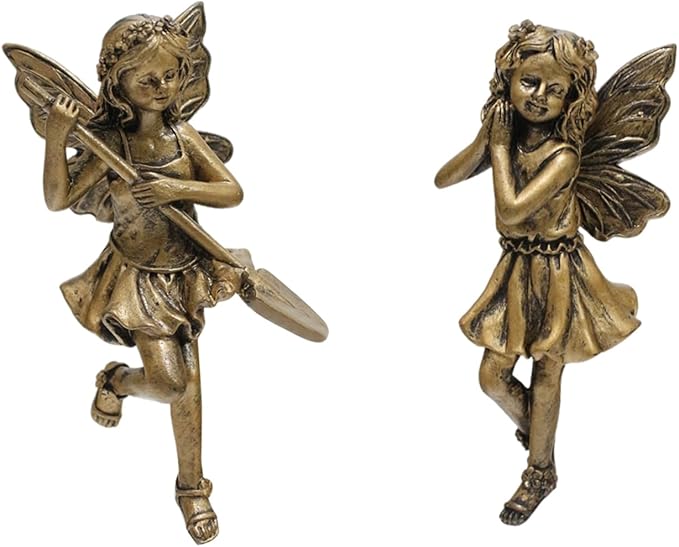 2-Pieces Asymmetrical Flower Fairy Pot Clip Pair, Vintage Bronze Finish Resin Garden Decor for Patio Planters, Outdoor Container Accent Statues