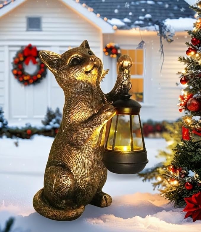 HONGLAND Cat Outdoor Statues Garden Decor, Cat Figurines Solar Lantern Lights, Birthday Gifts for Mom, Front Patio Balcony Yard Art Lawn Ornaments Porch Outdoor Decorations
