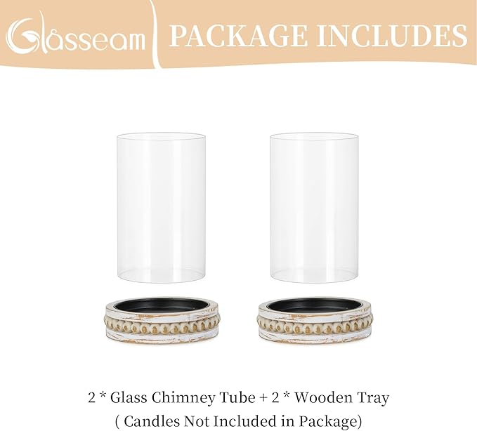 Glasseam Hurricane Glass Candle Holders, Rustic Pillar Candle Holder Set of 2, Farmhouse Candle Holders for Table, Cylinder Candle Holder with Beaded Candle Plates for Dining Living Room Decorations