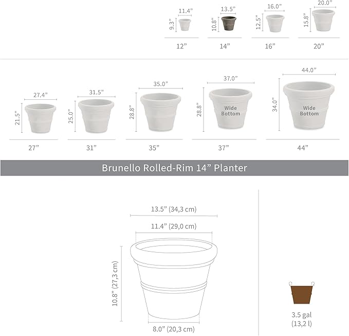 Crescent Garden Brunello Classic Rolled Rim Planter Pot, Indoor/Outdoor Plastic Round Pot - Traditional Planter for Herbs, Plants, Houseplant -14'' (Parchment)