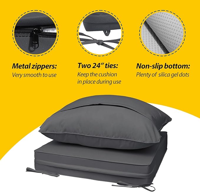 AAAAAcessories Outdoor Seat Cushions for Chairs, Fade-Resistant, Waterproof Patio Furniture Replacement Cushions, 21" x 21" x 3" + 21" x 17", Dark Gray