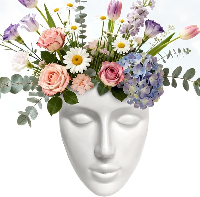 Ceramic Face Wall Planter, White Head Vase with Drainage Hole, Modern Art Indoor Outdoor Wall Mounted Succulent Planter, Elegant Home Garden Decor