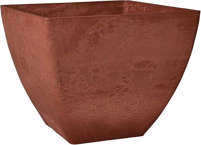 PSW Pot Collection 16x13 inch Plastic/Stone/Wood Composite Square Planter – No Drainage Hole (Drillable), Modern Indoor/Outer Pot for Flowers, Foliage, Succulents, Fairy Gardens, Terra Cotta Color