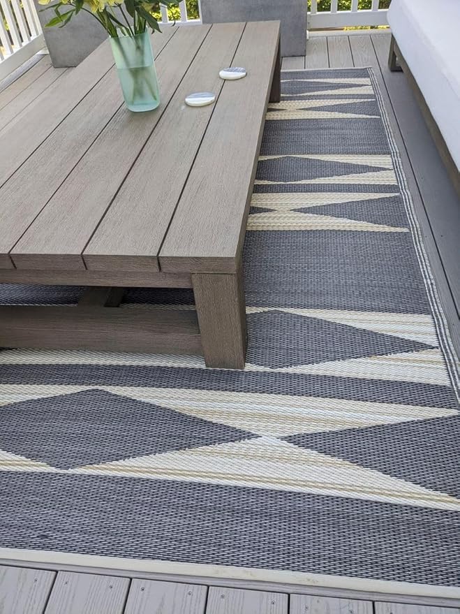 Fab Habitat Outdoor Rug - Waterproof, Fade Resistant, Crease-Free - Premium Recycled Plastic - Neutral Geometric Tribal - Large Patio, Deck, Sunroom, Camping, RV - Cairo - Natural & Black - 6 x 9 ft