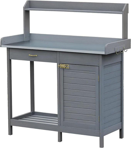 Outsunny Outdoor Potting Bench Table, Garden Work Station with Storage Cabinet, Open Shelf and Steel Tabletop, Gray