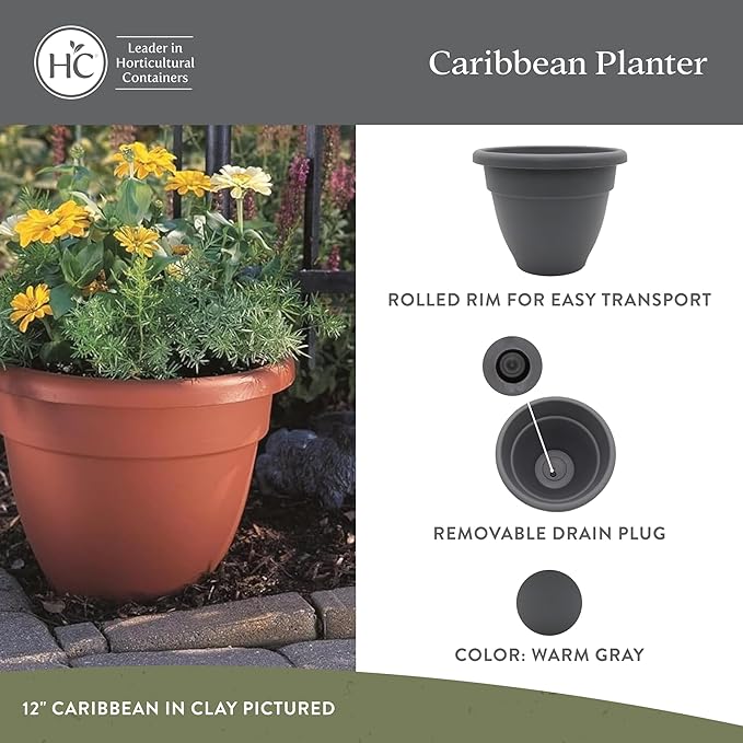The HC Companies 20 Inch Caribbean Planter Pots with Drainage & Plug, Rolled Rim Plastic Planters for Indoor & Outdoor Plants, 2-Pack Decorative Flower Pots for Garden, Office & Home Decor, Warm Gray