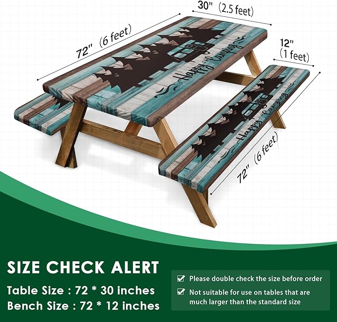 Picnic Table Cover with Bench Covers Elastic Edges, Teal Camper Fitted Table Cover, Outdoor Patio Camping Essentials 72 Inch 3PCS, Waterproof Camping Fitted Tablecloth with Drawstring Bag