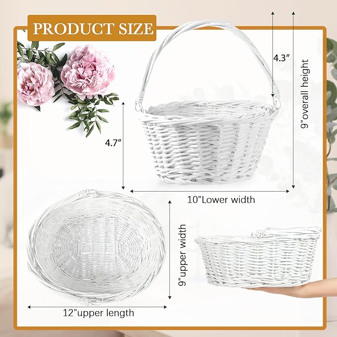 Barydat 6 Pcs Small Wicker Picnic Basket with Handle Flower Girl Baskets Oval Willow Woven Braided Gift Basket for Easter Weddings Baby Shower Home Garden Decor (White,12'' x 9'' x 5'')