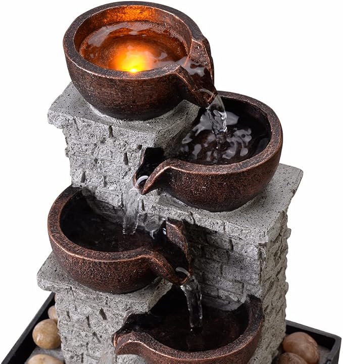 Kalona Tabletop Waterfall Fountain, 4-Tier Indoor Water Fountain, Cascading Bowl with LED Lights and Rocks for Home Office Decoration, Relaxing Desk Fountains(21132B)