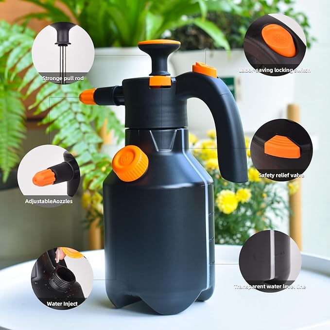 0.52Gallon Garden Pump Sprayer,Handheld Pressure Water Sprayer Bottle with Safety Valve,Adjustable Nozzle for Plants,Home Cleaning(Black 0.52Gallon/2L)