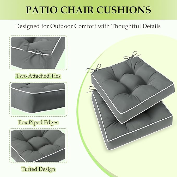 HARBOREST Outdoor Chair Cushions Set of 2, Tufted Patio Chair Cushions with Ties, Square Corner Outdoor Cushions for Patio Furniture, Lawn Chairs, Wicker Chairs, 19" x 19" x 5", Grey