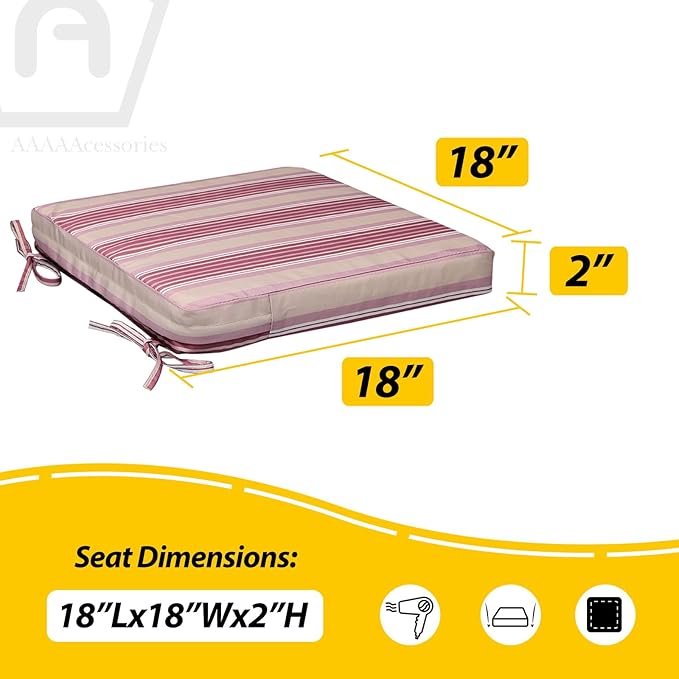 AAAAAcessories Outdoor Seat Cushions for Chairs, Waterproof, Fade-Resistant, 18" x 18" x 2", Patio Furniture Replacement Cushions, Set of 2, Dusty Rose Garden Stripe